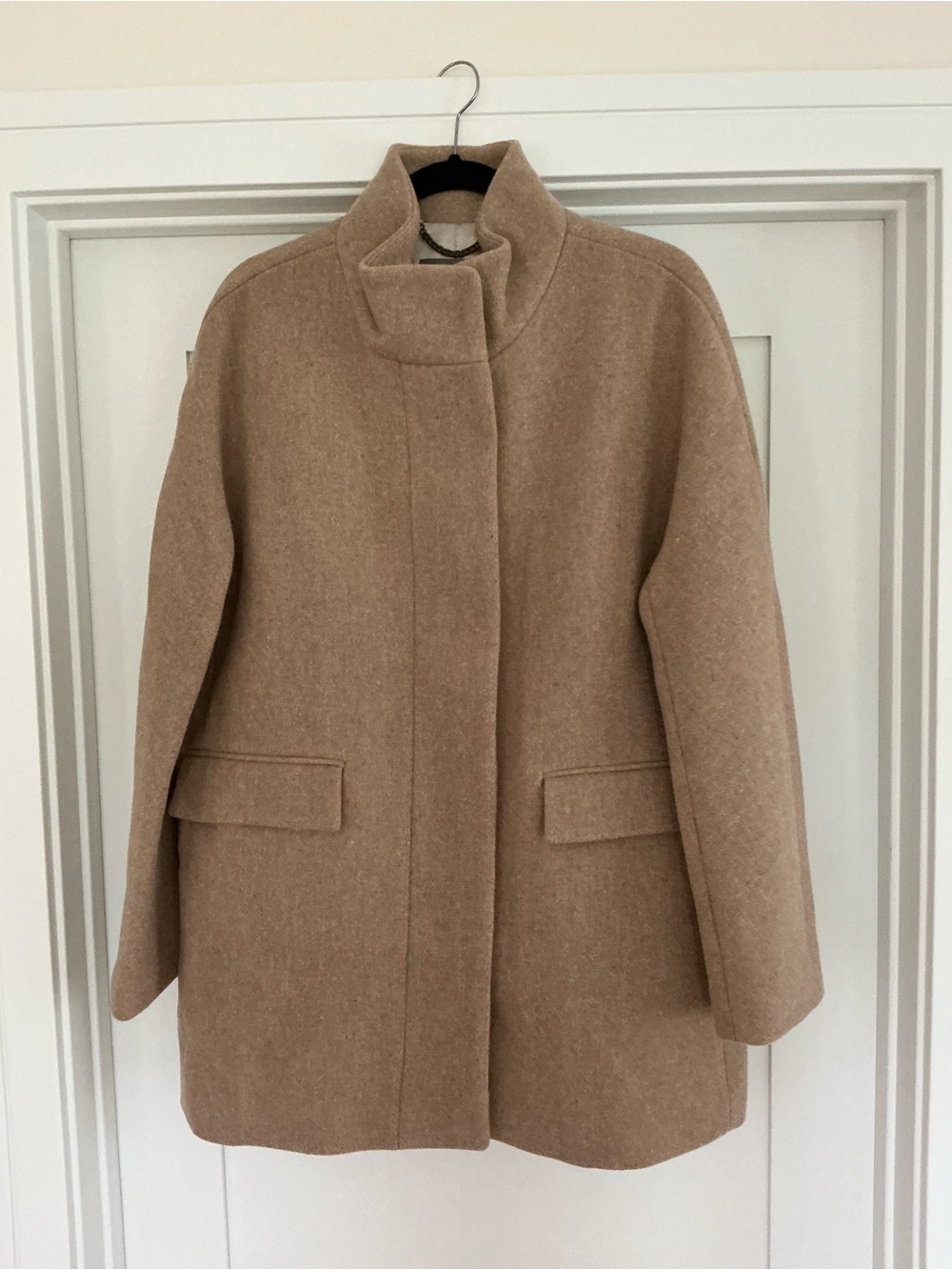 NWOT J. Crew stadium cloth Wool Blend Stand-Collar Coat in Camel size 14.